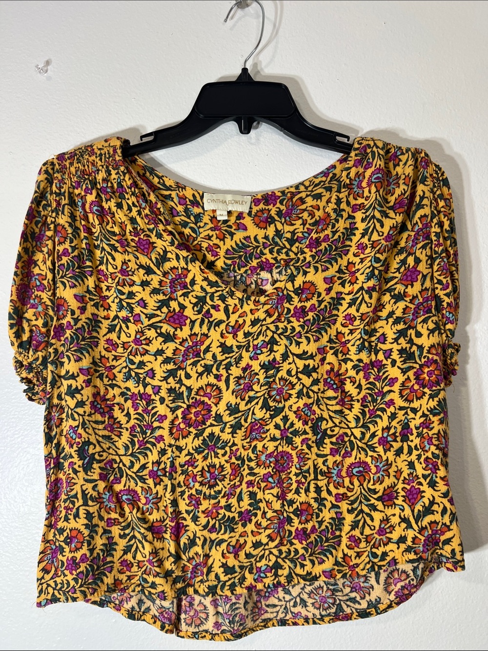 Cynthia Rowley Mustard Yellow Floral Short Sleeve Top